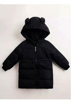 Удлиненная черная детская курточка с ушками